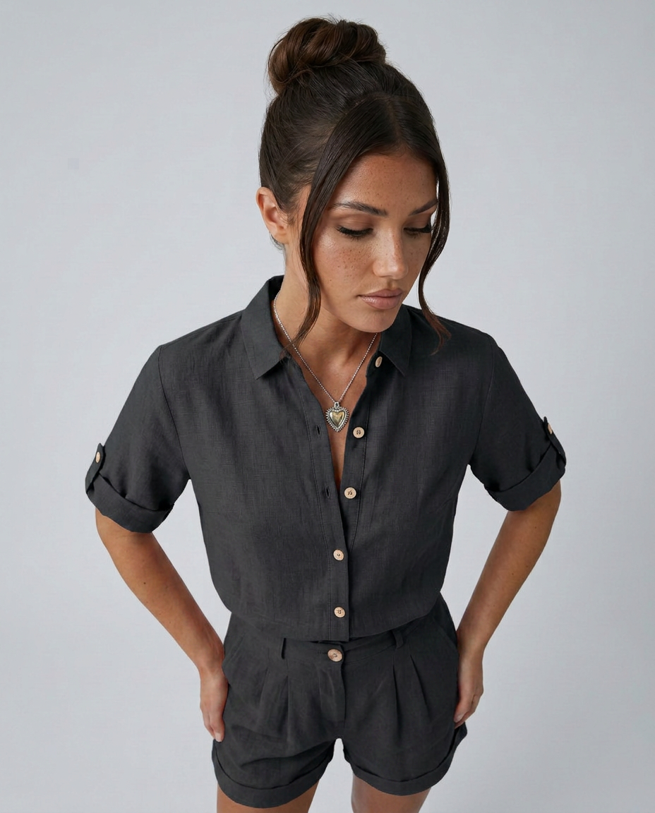 Women's short jumpsuit with button-front fastening