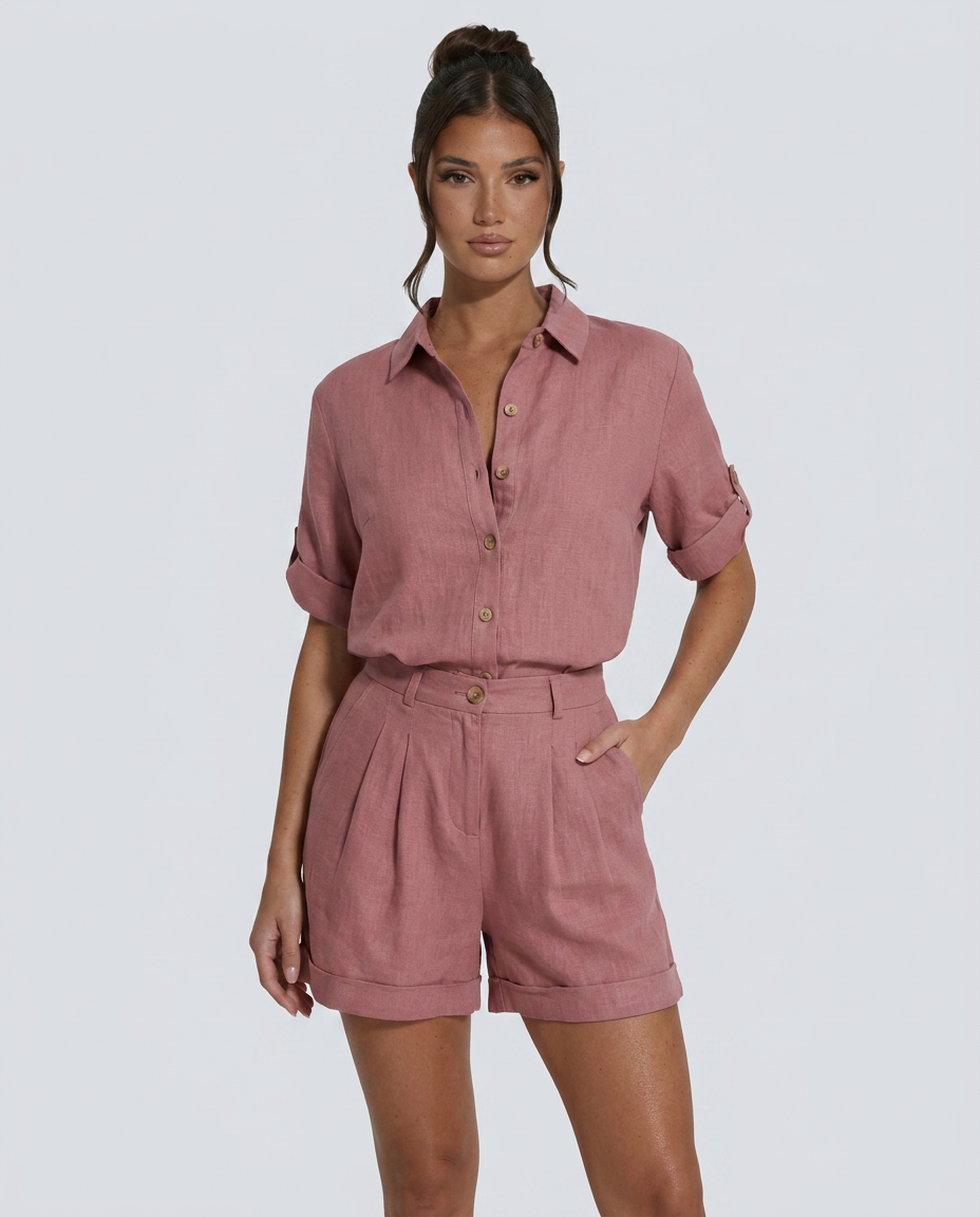 Women's short jumpsuit with button-front fastening