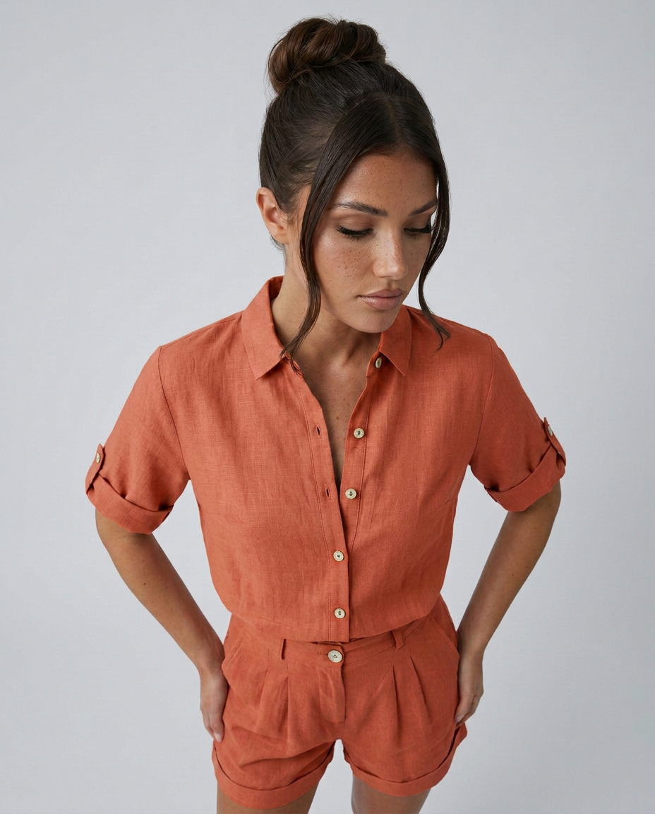 Women's short jumpsuit with button-front fastening