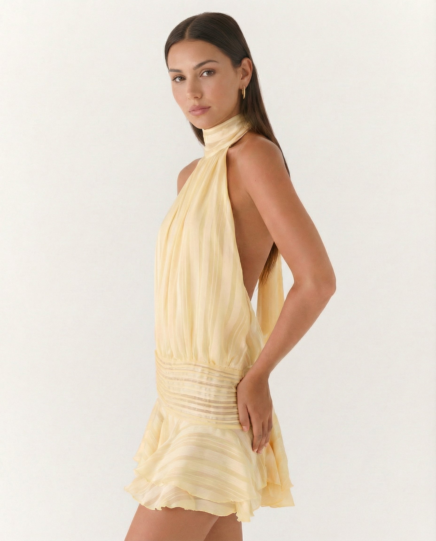 Women's halter neck playsuit with pleated detail and ruffle overlay