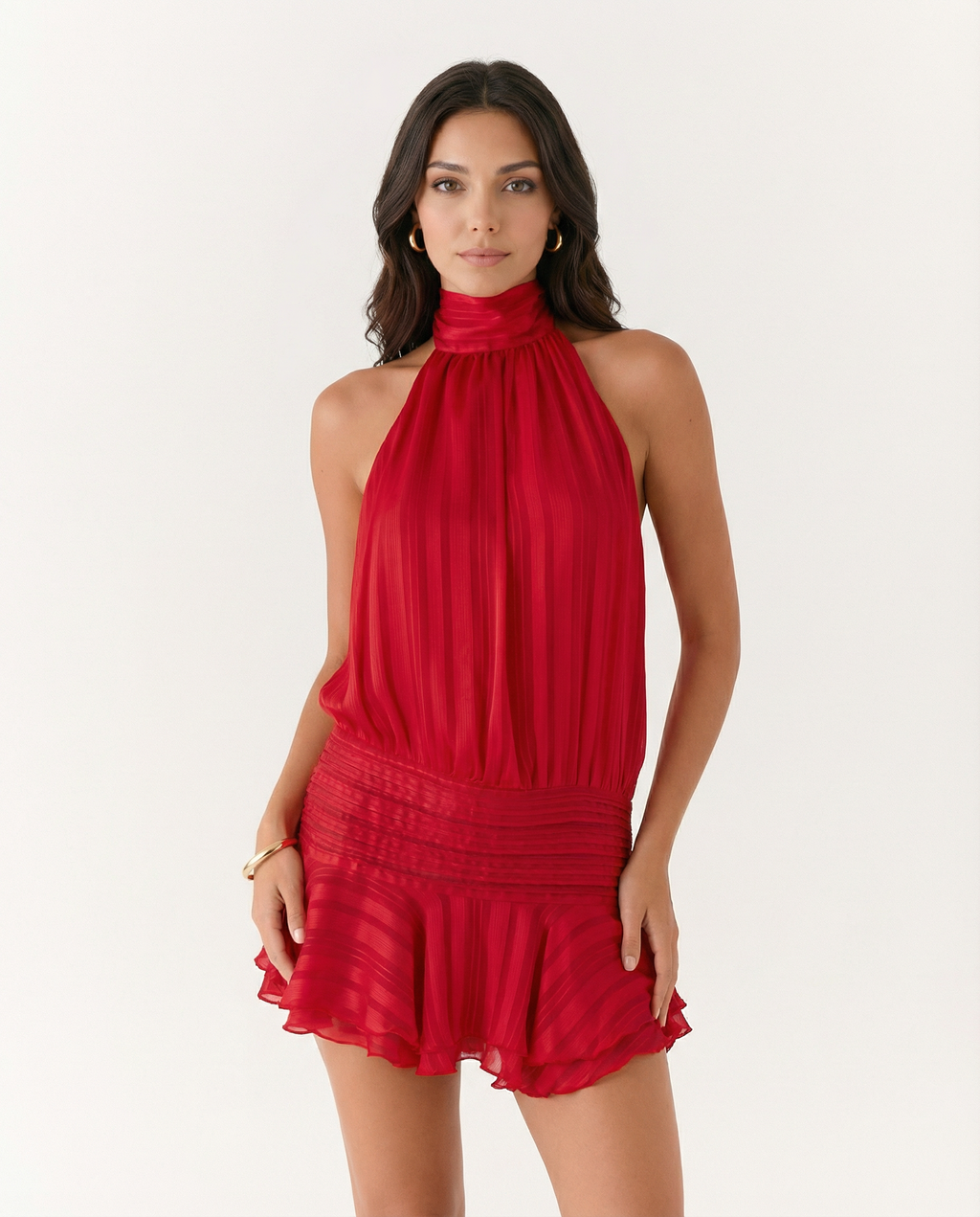 Women's halter neck playsuit with pleated detail and ruffle overlay