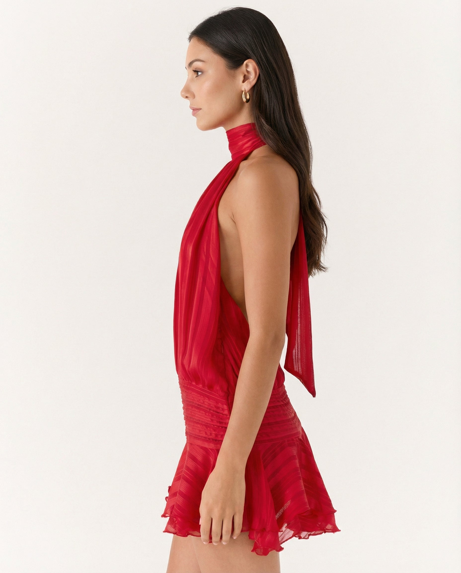 Women's halter neck playsuit with pleated detail and ruffle overlay
