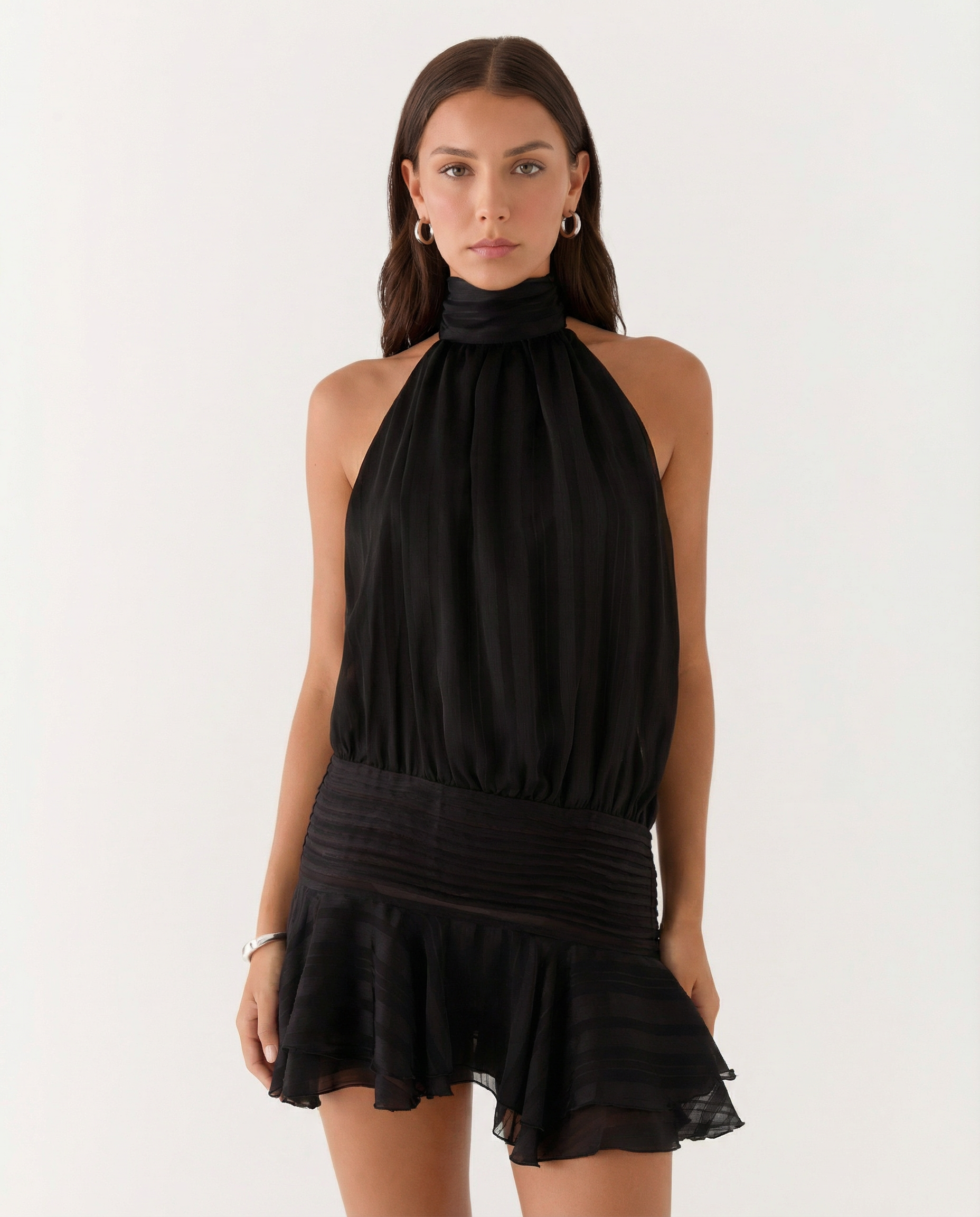 Women's halter neck playsuit with pleated detail and ruffle overlay
