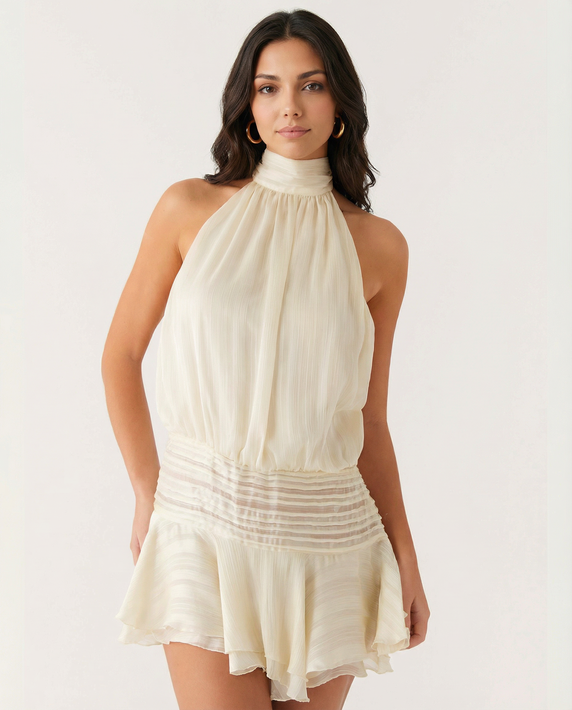 Women's halter neck playsuit with pleated detail and ruffle overlay