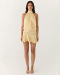 Women's halter neck playsuit with pleated detail and ruffle overlay