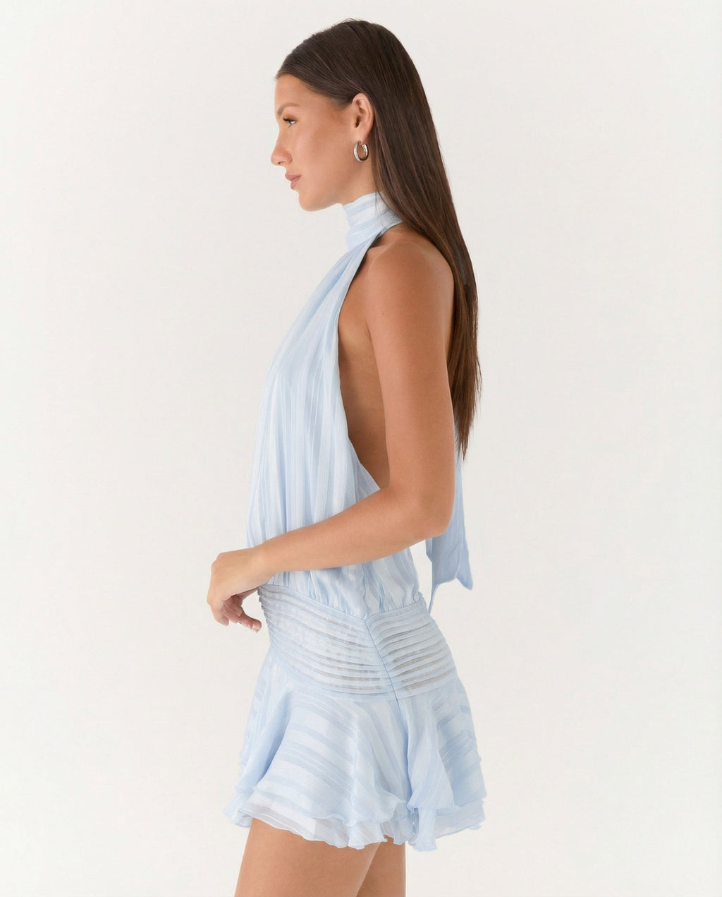 Women's halter neck playsuit with pleated detail and ruffle overlay