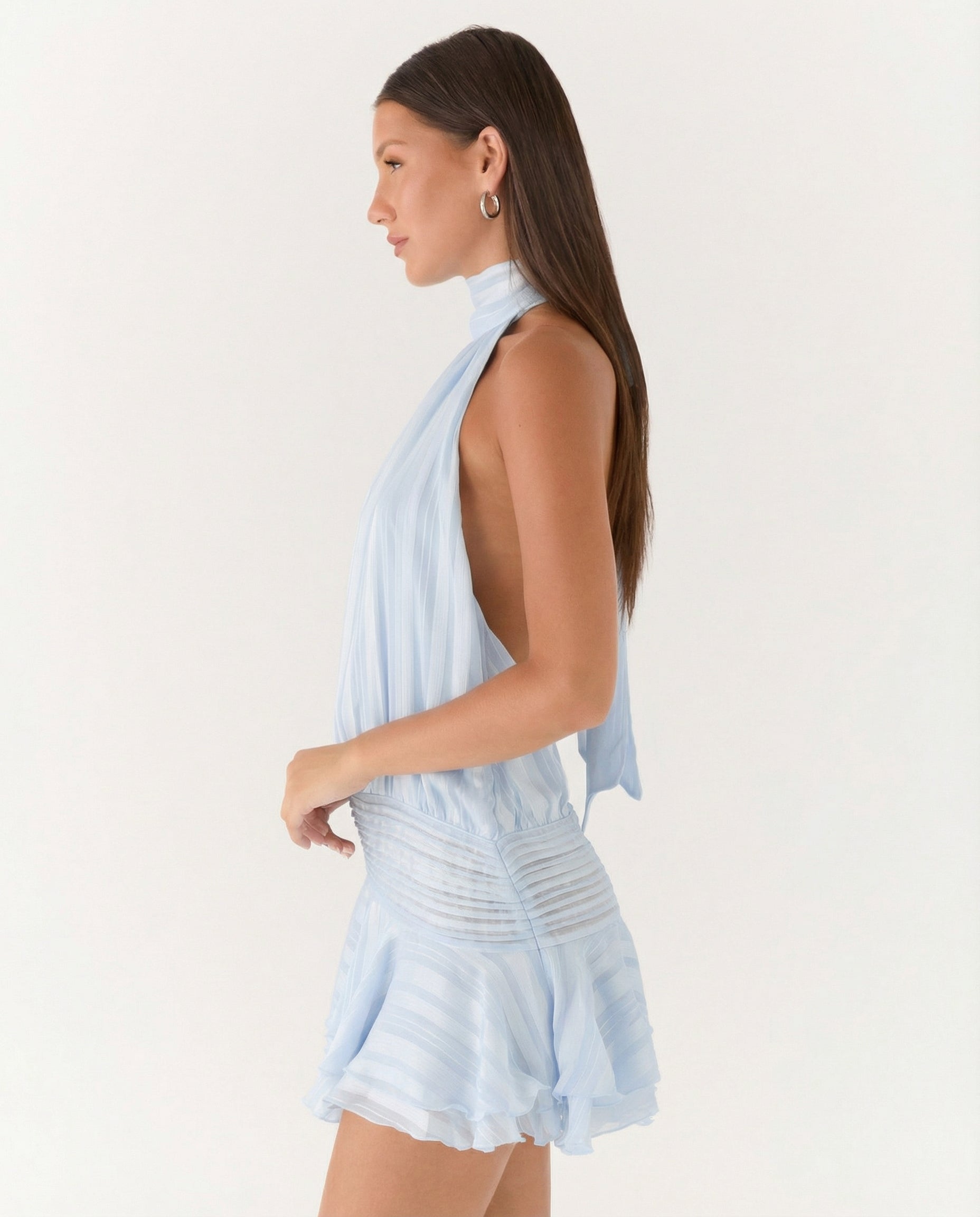 Women's halter neck playsuit with pleated detail and ruffle overlay