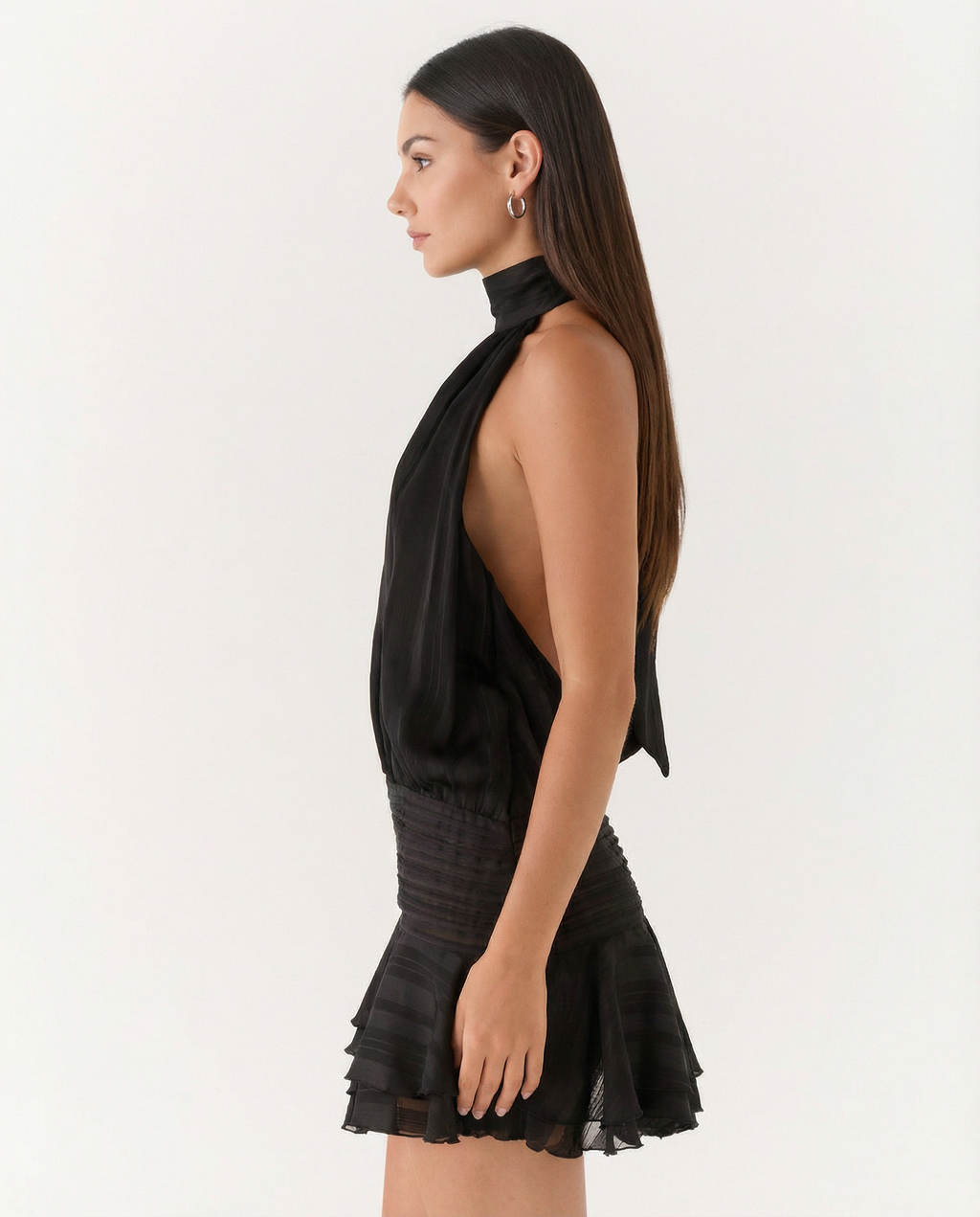 Women's halter neck playsuit with pleated detail and ruffle overlay