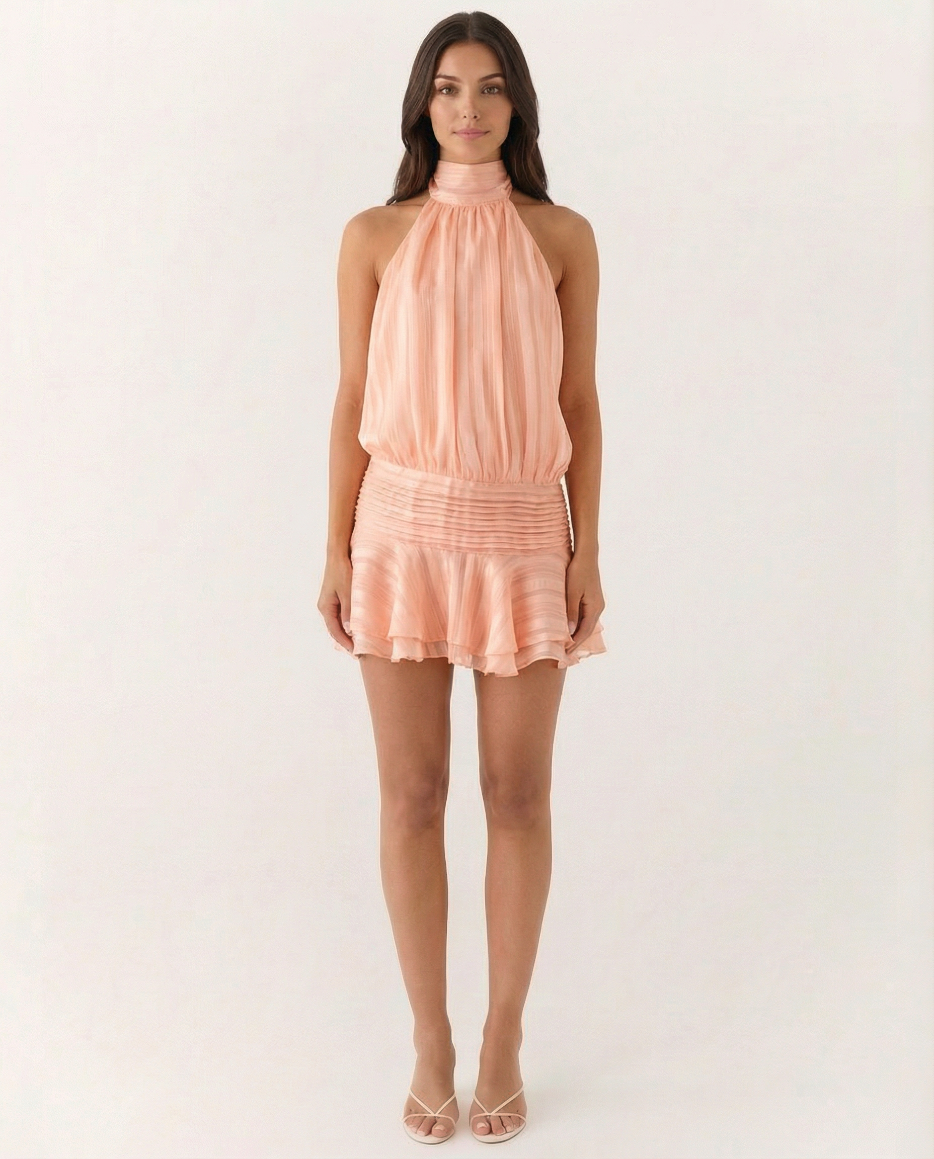 Women's halter neck playsuit with pleated detail and ruffle overlay