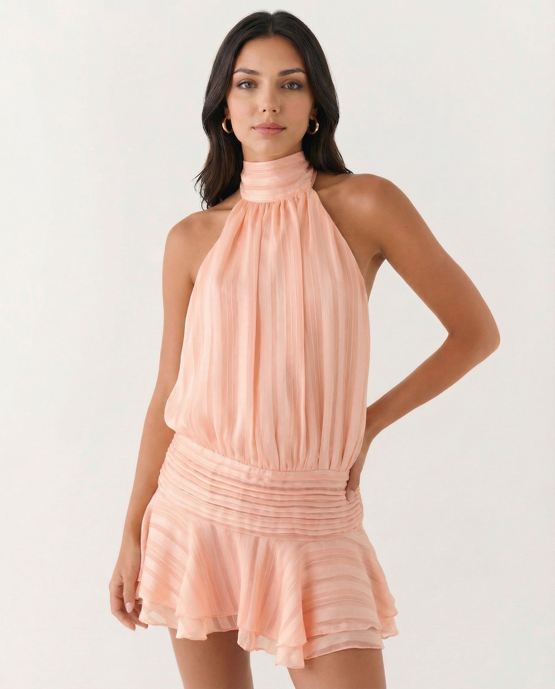 Women's halter neck playsuit with pleated detail and ruffle overlay
