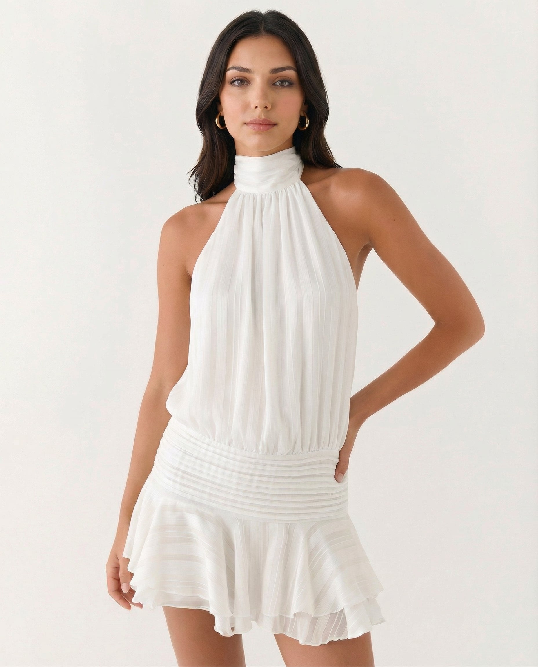 Women's halter neck playsuit with pleated detail and ruffle overlay