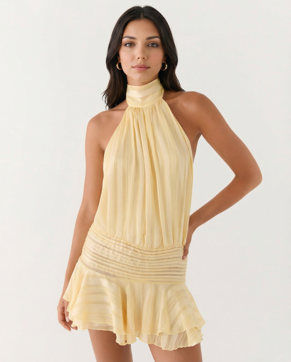 Women's halter neck playsuit with pleated detail and ruffle overlay