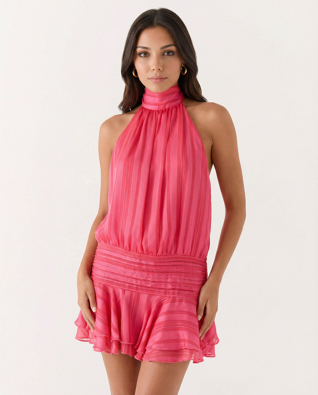 Women's halter neck playsuit with pleated detail and ruffle overlay