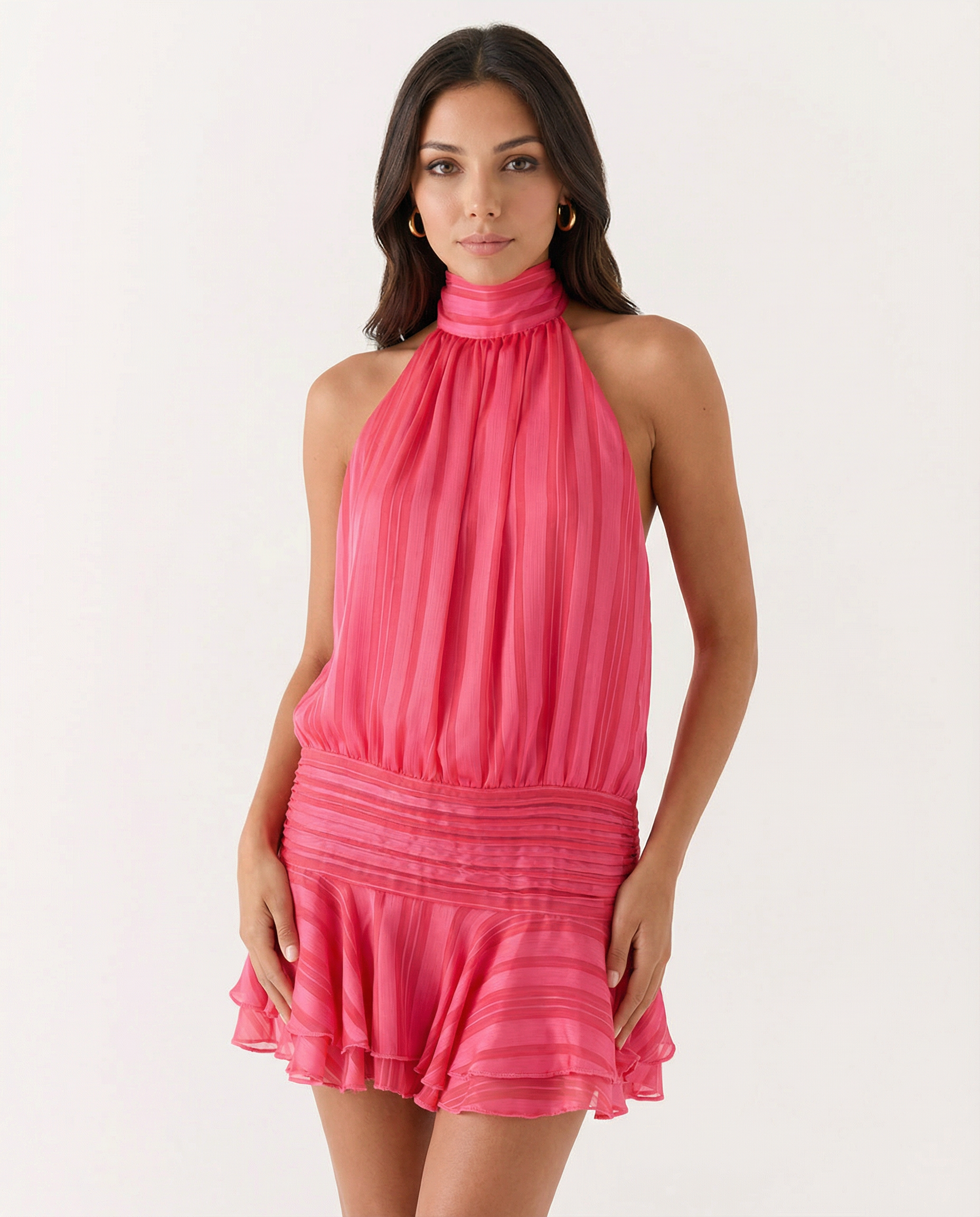 Women's halter neck playsuit with pleated detail and ruffle overlay