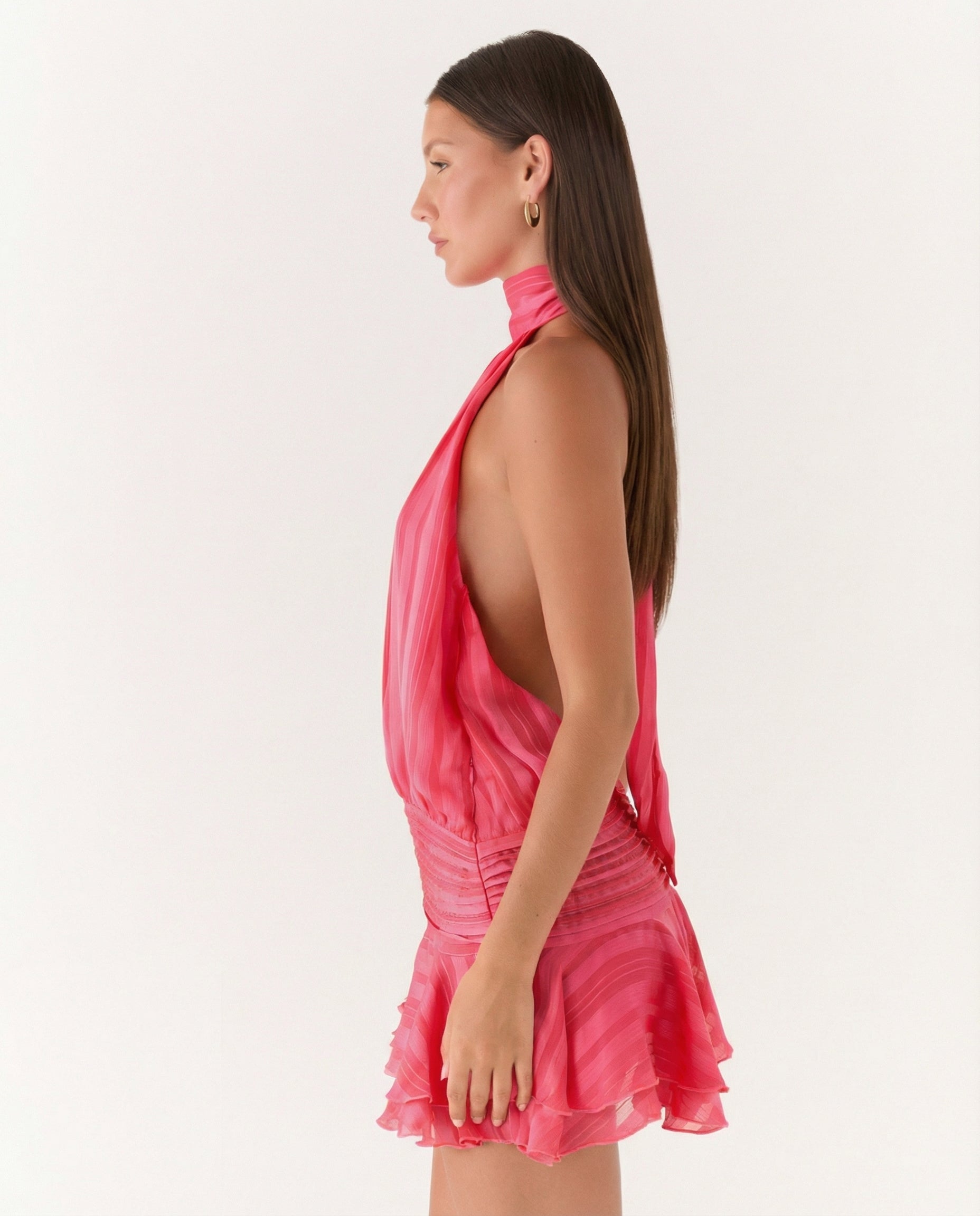 Women's halter neck playsuit with pleated detail and ruffle overlay