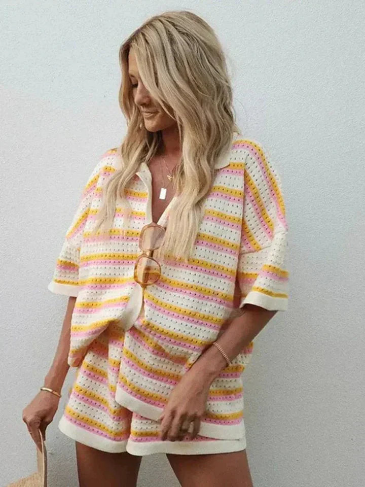 Women's 2-piece knit set with contrast stripes