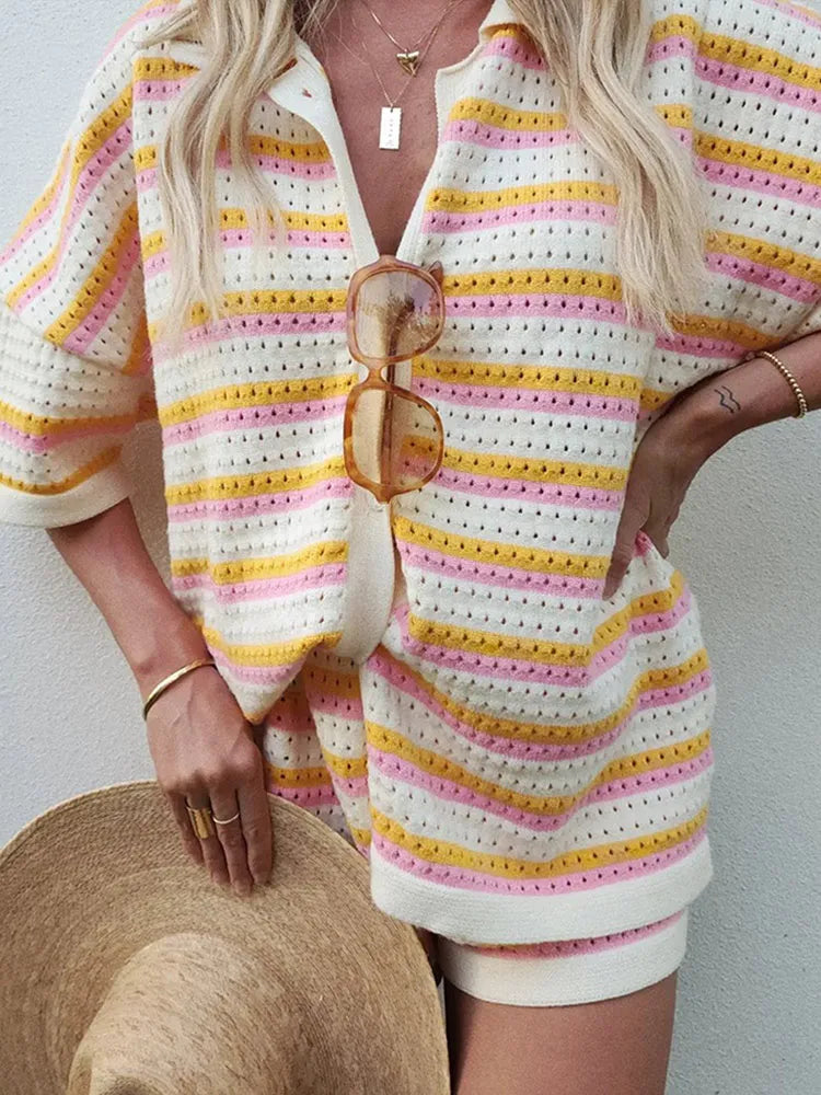 Women's 2-piece knit set with contrast stripes