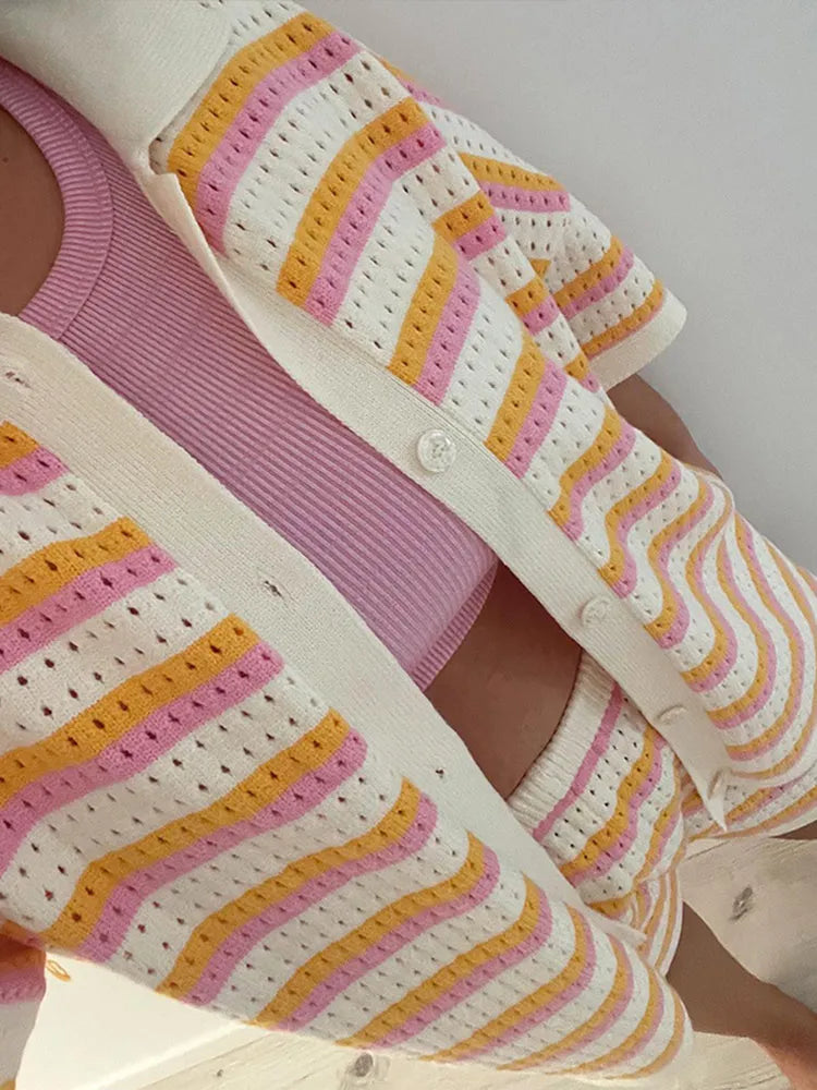 Women's 2-piece knit set with contrast stripes