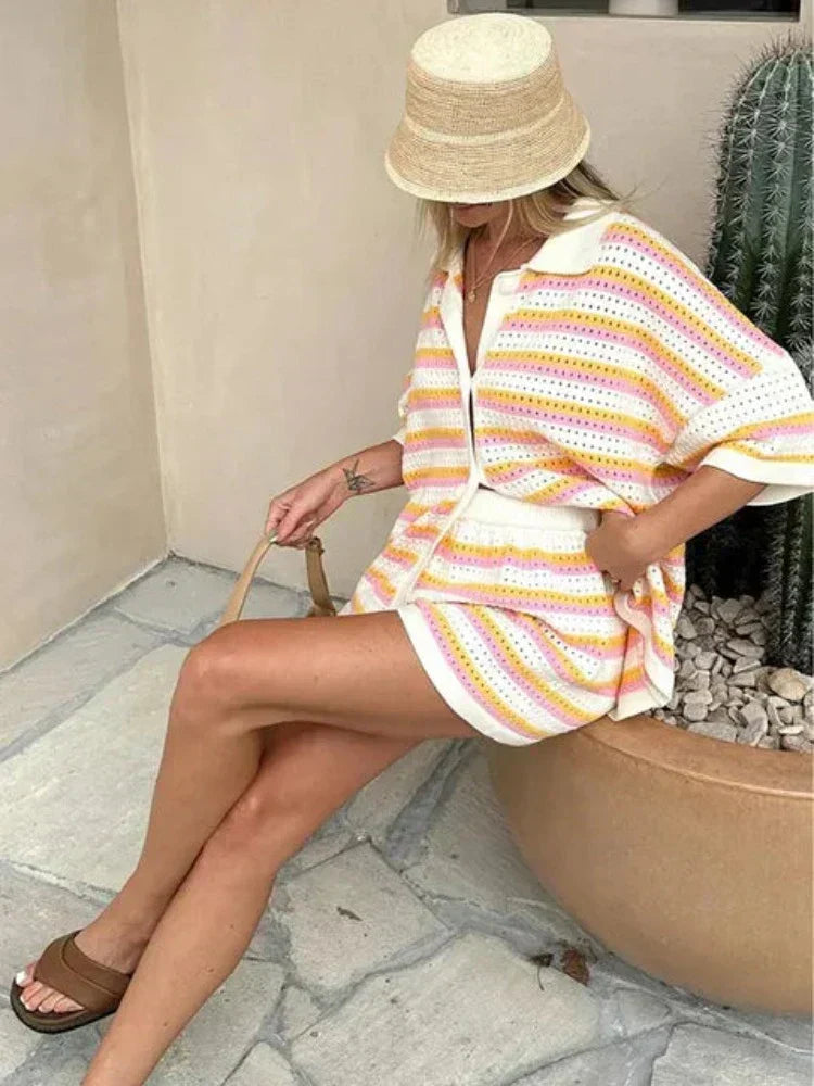Women's 2-piece knit set with contrast stripes