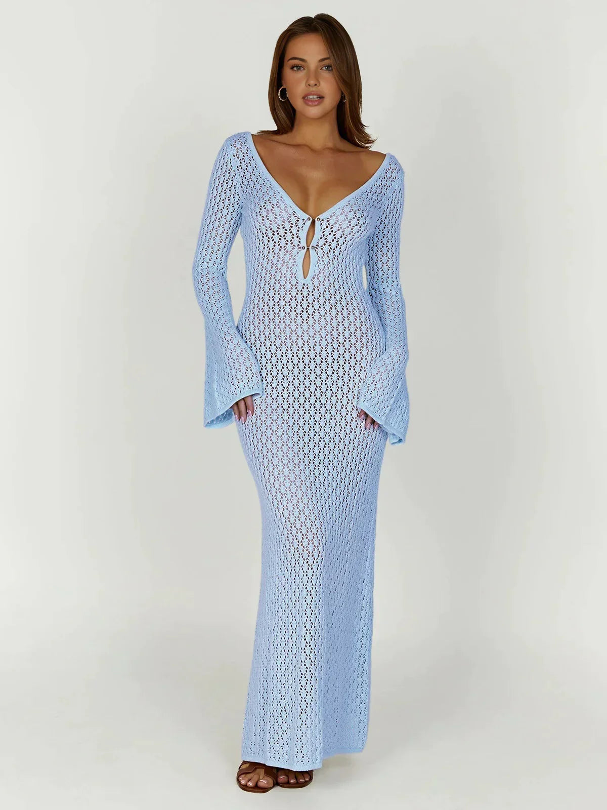Women's beach cover-up dress with short sleeves and V-neckline