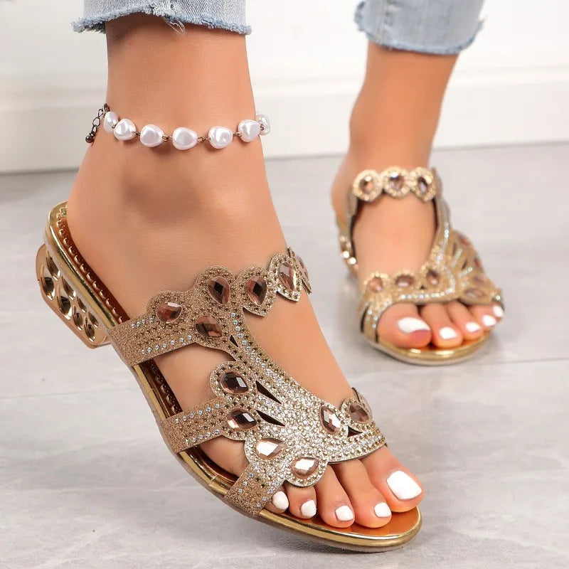 Women's block heel sandals with decorative strap