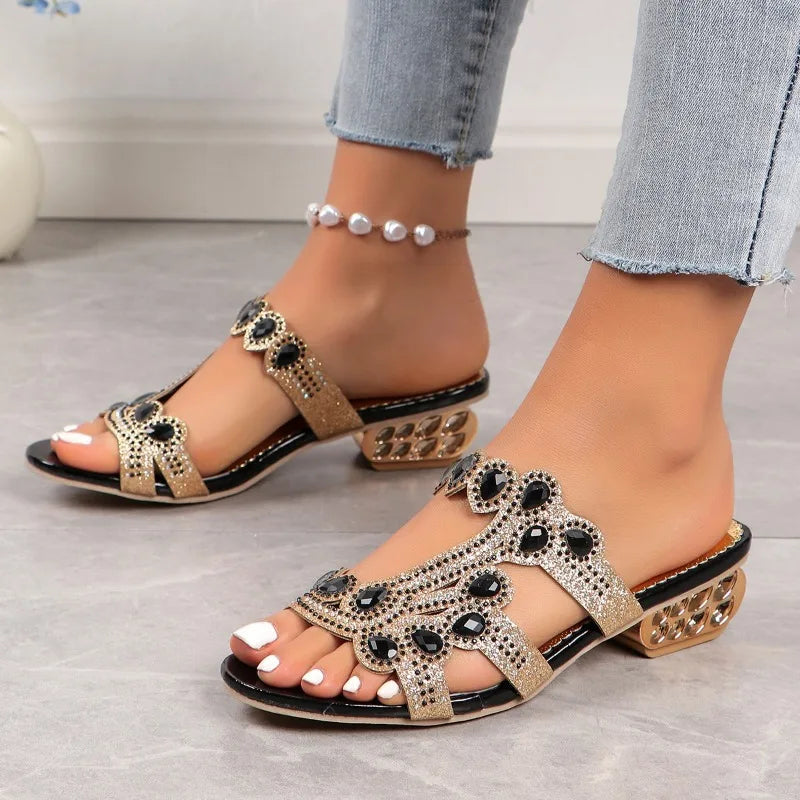Women's block heel sandals with decorative strap