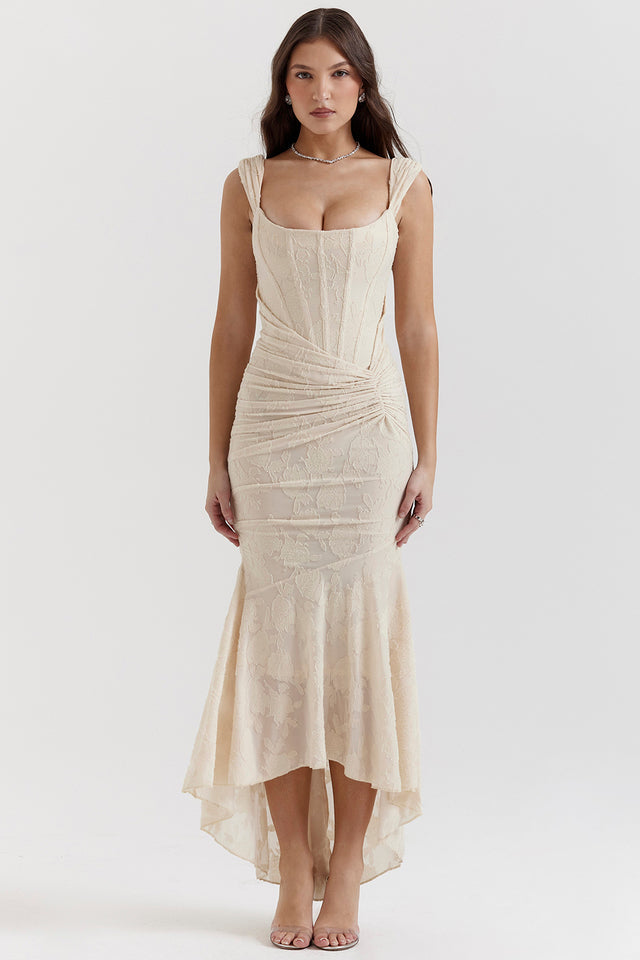 Women's bodycon dress with lace detail and ruched skirt