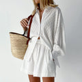 Women's broderie stripe short set with oversized long-sleeve shirt and matching shorts