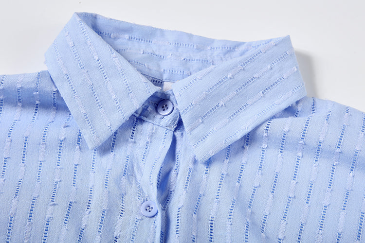 Women's broderie stripe short set with oversized long-sleeve shirt and matching shorts