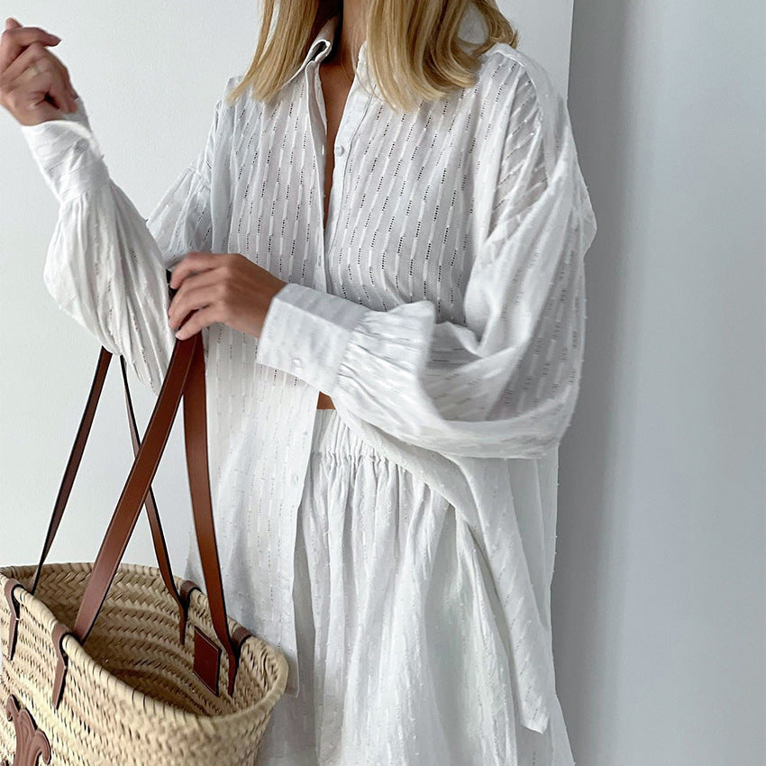 Women's broderie stripe short set with oversized long-sleeve shirt and matching shorts