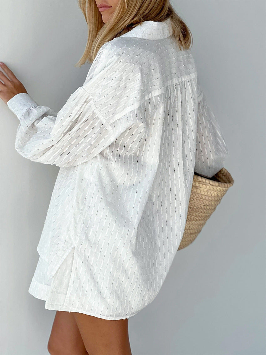 Women's broderie stripe short set with oversized long-sleeve shirt and matching shorts