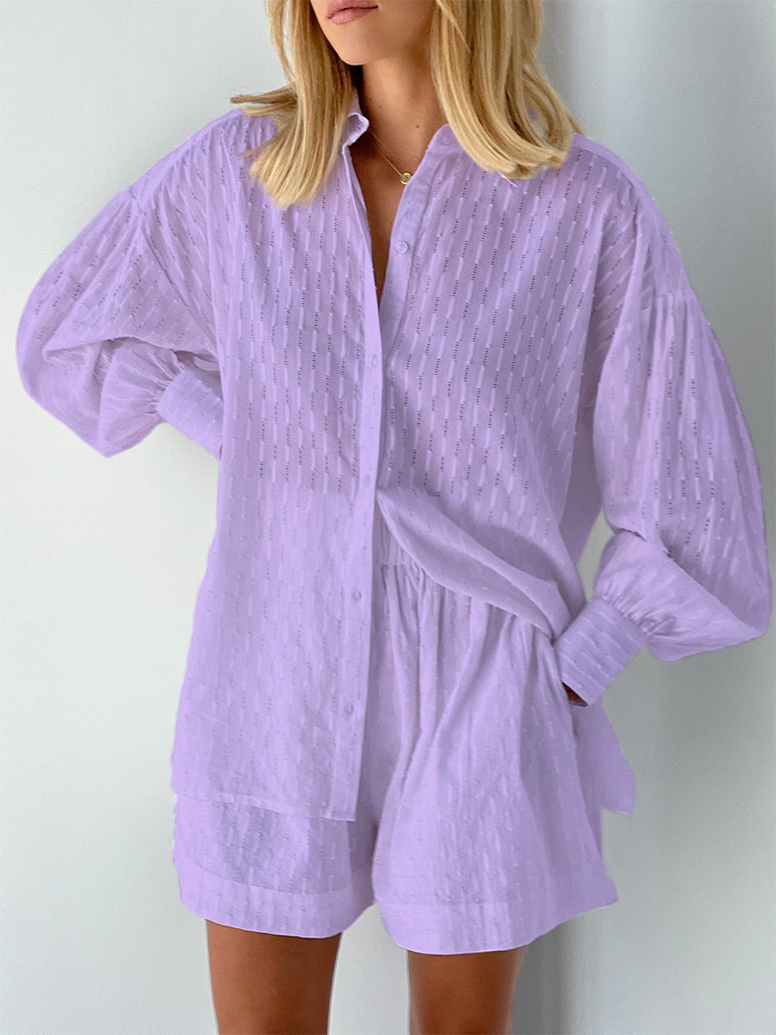 Women's broderie stripe short set with oversized long-sleeve shirt and matching shorts