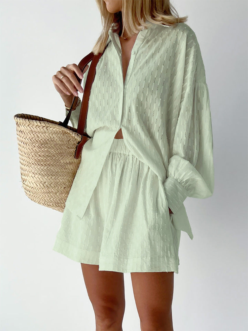 Women's broderie stripe short set with oversized long-sleeve shirt and matching shorts