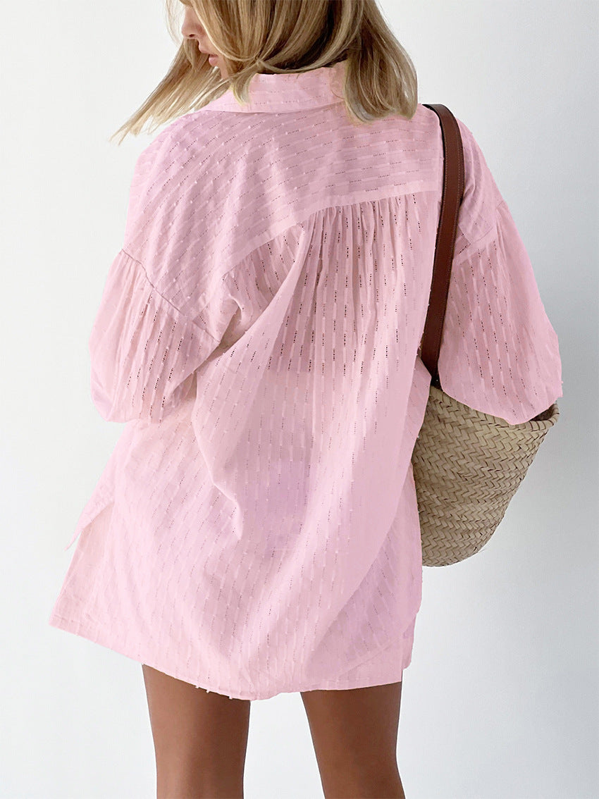 Women's broderie stripe short set with oversized long-sleeve shirt and matching shorts