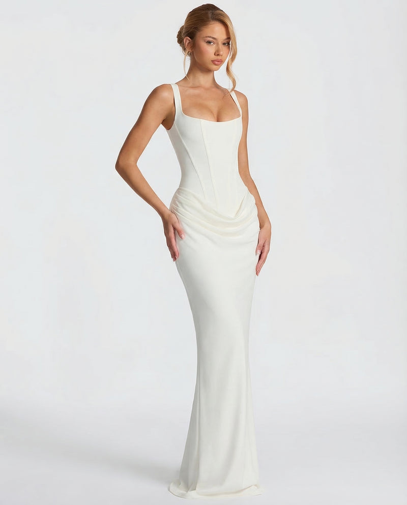 Women’s Maxi Dress with Sweetheart Neckline and Draped Skirt