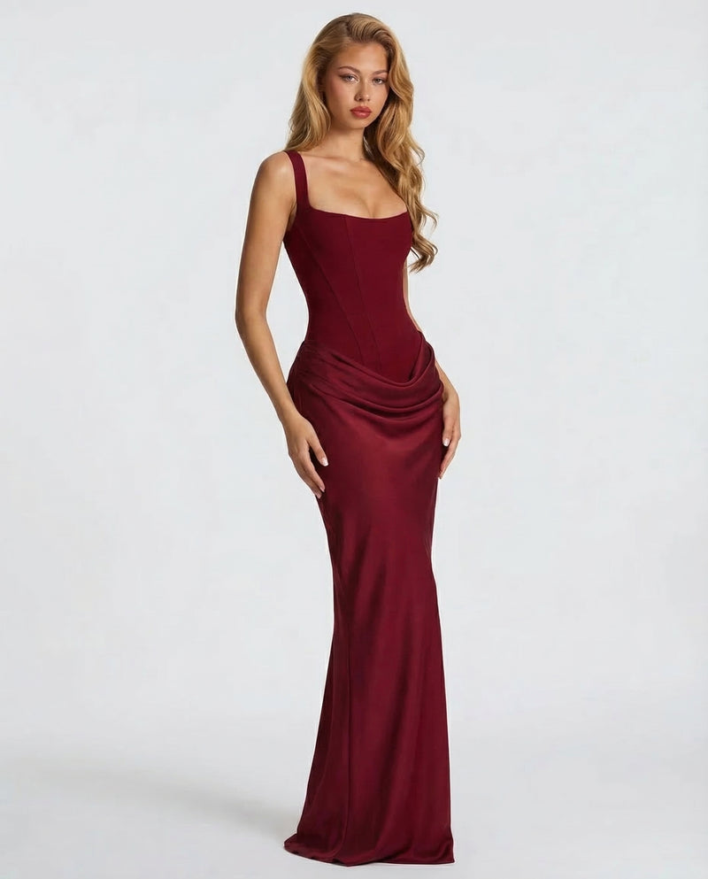Women’s Maxi Dress with Sweetheart Neckline and Draped Skirt