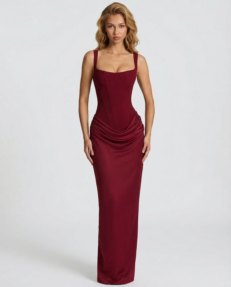 Women’s Maxi Dress with Sweetheart Neckline and Draped Skirt
