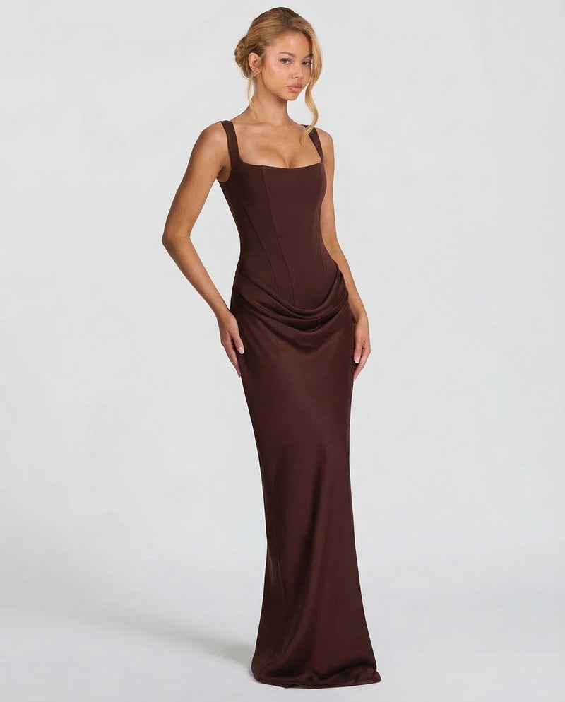 Women’s Maxi Dress with Sweetheart Neckline and Draped Skirt