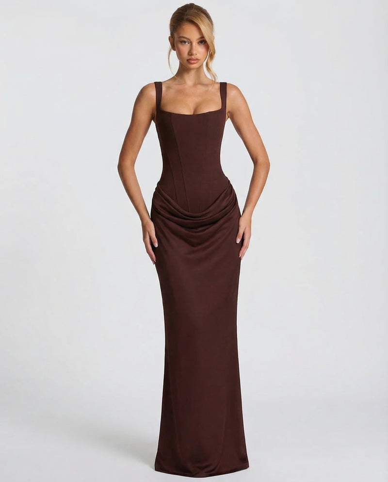Women’s Maxi Dress with Sweetheart Neckline and Draped Skirt