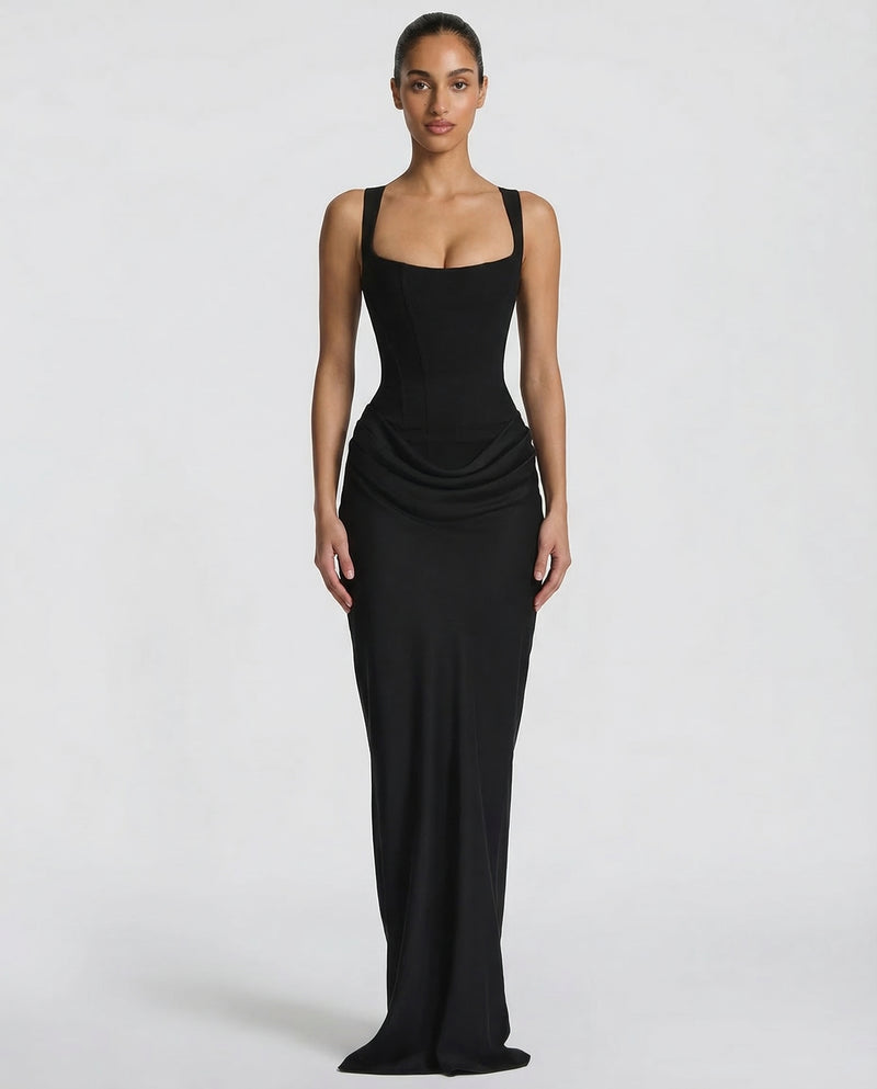 Women’s Maxi Dress with Sweetheart Neckline and Draped Skirt