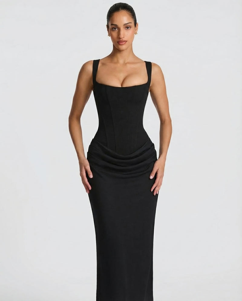 Women’s Maxi Dress with Sweetheart Neckline and Draped Skirt
