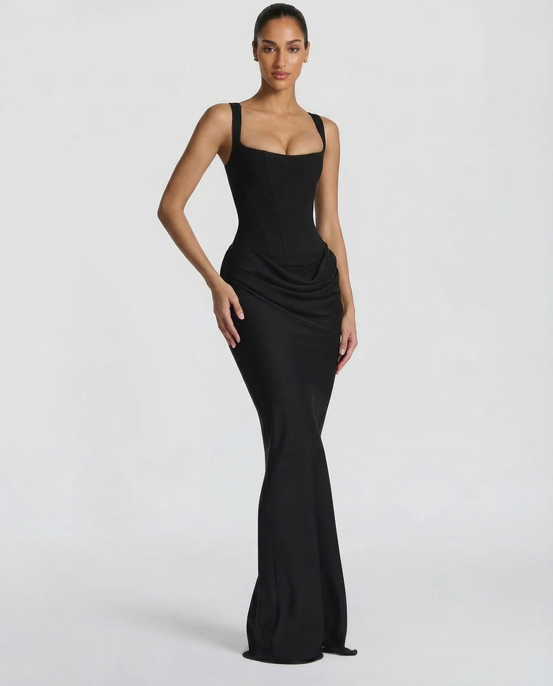 Women’s Maxi Dress with Sweetheart Neckline and Draped Skirt