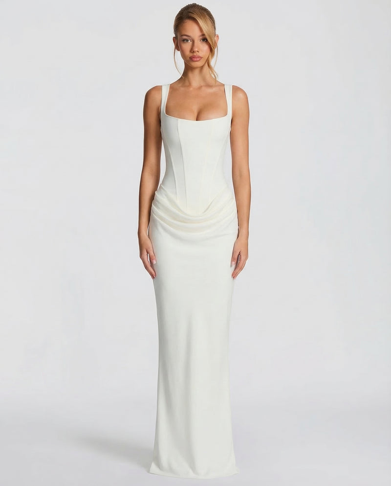 Women’s Maxi Dress with Sweetheart Neckline and Draped Skirt