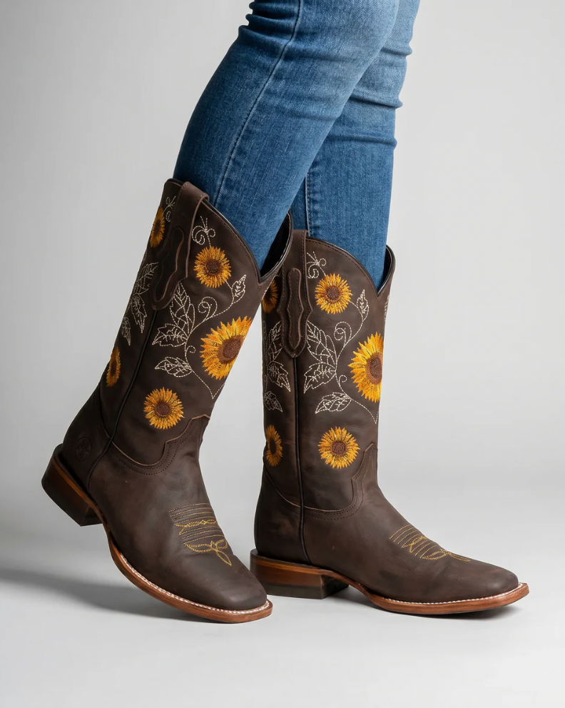 Women's cowboy boots with sunflower print and block heel