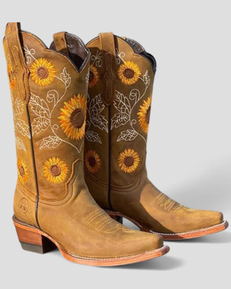 Women's cowboy boots with sunflower print and block heel