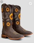Women's cowboy boots with sunflower print and block heel