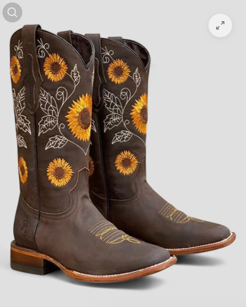 Women's cowboy boots with sunflower print and block heel