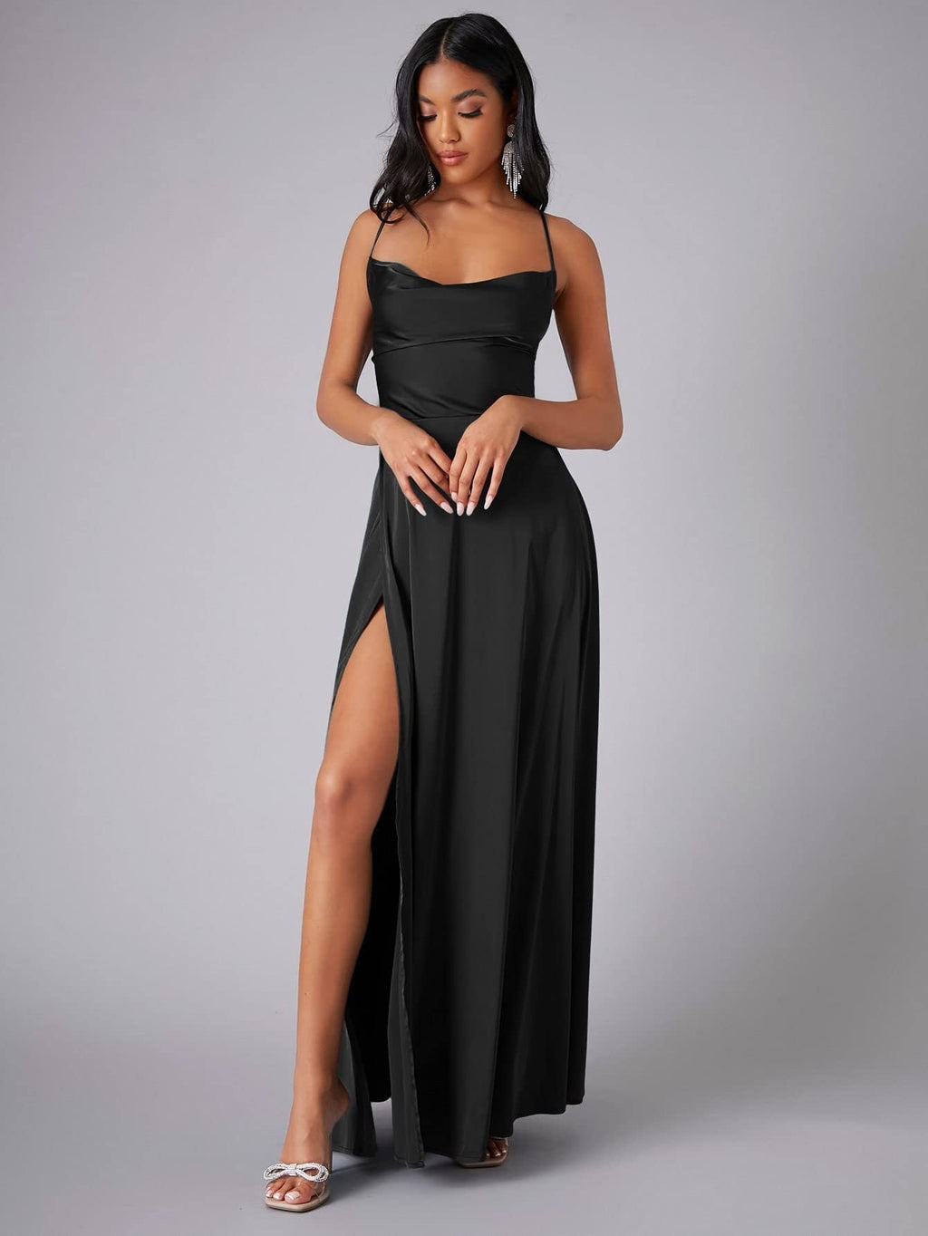 Women's cowl neck backless maxi dress with slit