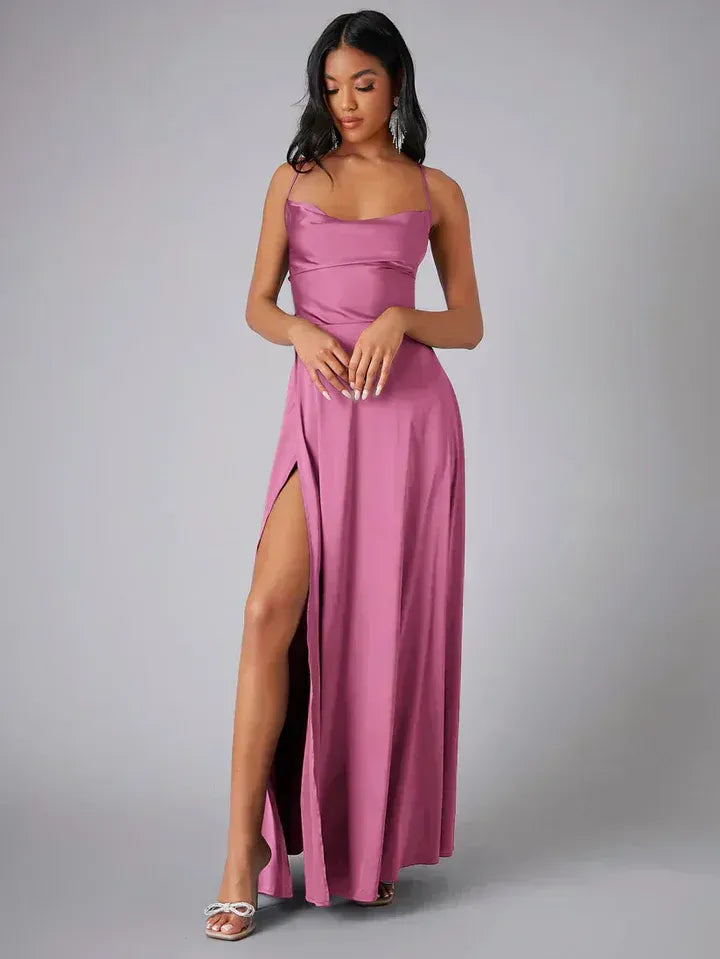 Women's cowl neck backless maxi dress with slit