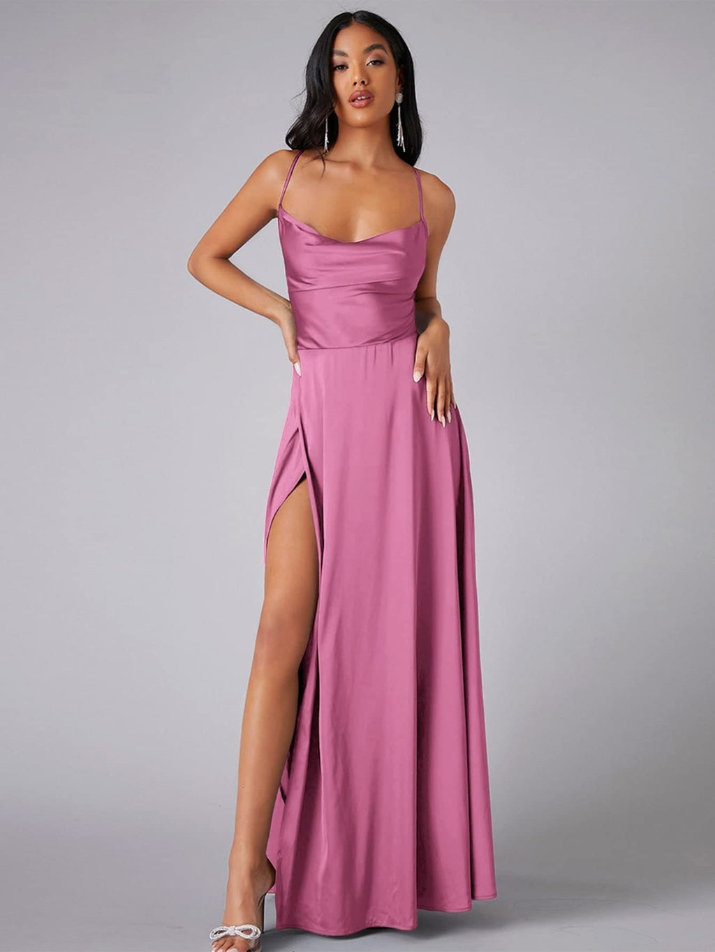 Women's cowl neck backless maxi dress with slit